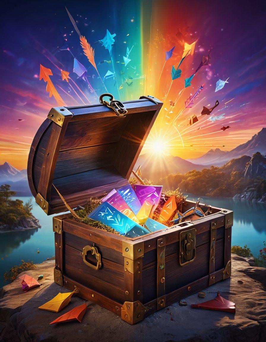 A powerful key unlocking a stunning treasure chest filled with glowing strategies and solutions, surrounded by symbolic icons of growth like arrows and graphs. The background features a vibrant sunrise, representing new beginnings and opportunities. Ethereal light beams emanate from the treasure, enchanting the scene. painting. vibrant colors. mystical aura.