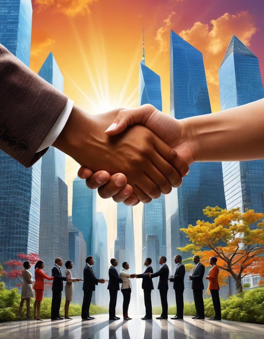 A dynamic and interconnected web of diverse individuals shaking hands, symbolizing partnership and collaboration, set against a backdrop of soaring skyscrapers representing success. The colors should be bright and inspiring, highlighting unity in diversity with elements of nature intertwined, like trees or vines, to signify growth. Include a subtle glow around the figures to emphasize optimism and future potential. super-realistic. vibrant colors. 3D.