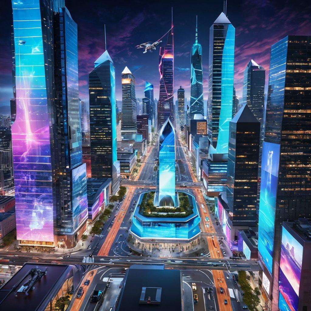 A dynamic and modern cityscape showcasing innovative business solutions, featuring futuristic buildings and diverse professionals collaborating around holographic displays. Bright, engaging colors illustrate productivity and creativity in a bustling urban environment. Elements of technology like drones and smart devices weave through the scene to emphasize innovation. super-realistic. vibrant colors. 3D.